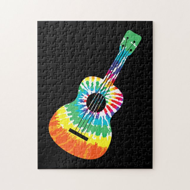 Roligt Hippie Rainbow Tie Dye Acoustic Guitar Prem Pussel (Vertikal)