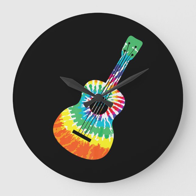 Roligt Hippie Rainbow Tie Dye Acoustic Guitar Prem Stor Klocka (Framsida)