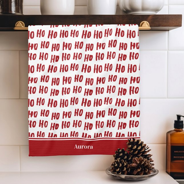 Roligt Ho Ho Ho Text Red Helgdag jul Kökshandduk (Skapare uppladdad)