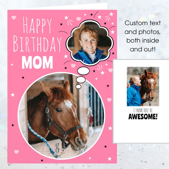 Roligt Horse Mamma Birthday, Rosa för tankfoto Kort (Skapare uppladdad)