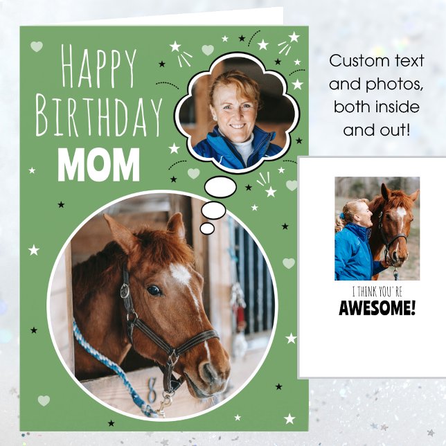 Roligt Horse Mamma Birthday Think Bubble Photo Grö Kort (Skapare uppladdad)