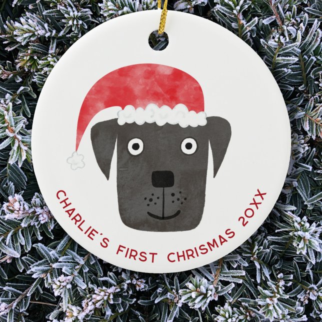 Roligt Hund Första julen Personlig Julgransprydnad Keramik (Fun Black Labrador Retriever Dog personalized name first christmas date ceramic ornament)