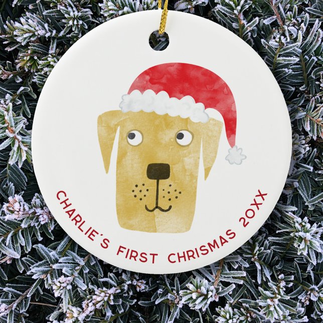 Roligt Hund Första julen Personlig Julgransprydnad Keramik (Fun Yellow Golden Labrador Retriever Dog personalized name first christmas date ceramic ornament)