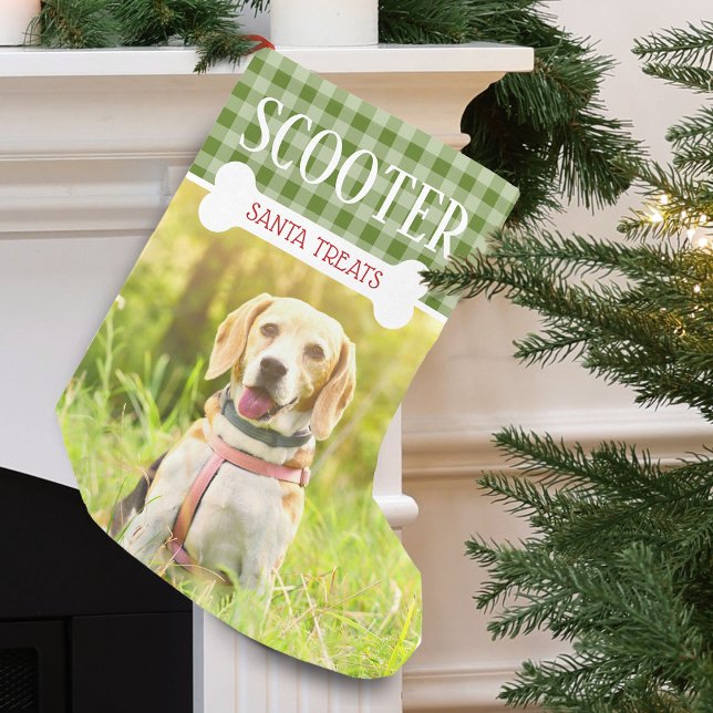 Roligt Hund Play Photo Namn Personlig Liten Julstrumpa (Fun Dog Plaid Photo Name Personalized Small Christmas Stocking)