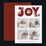 Roligt Hund Tass Script JOY Modern Julkort<br><div class="desc">Fira Helgdag med det här chicen, söta och underbara minimalistkortet för helgdag. Det här kortet innehåller fyra (4) av dina favoritfoton i en enkel samlingslayout. Ovanstående bilder visar brev " JOY " med doggie tass i guld och rött. Nedanför fotona visas anpassningsbar hälsning-meddelandet och namn & hund namn i modern...</div>