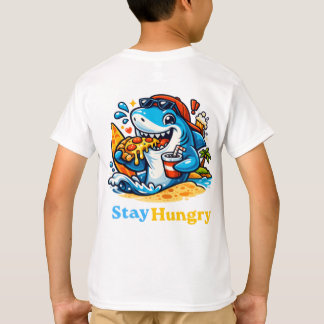 Roligt hungrig haj som äter pizza sommar strand t shirt