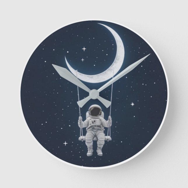 Roligt i rymden - Astronaut Swinging på Måne Rund Klocka (Framsida)