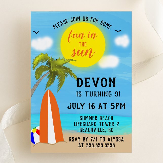 Roligt i solsken Strand Födelsedagsfest Inbjudningar (Fun in the Sun - Beach Themed Birthday Party Invitation)