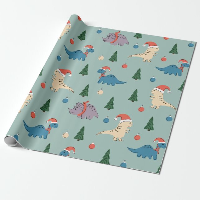 ROLIGT ILLUSTRATION CHRISTMAS DINOSAUR GIFT WRAPPI PRESENTPAPPER (Utrullad)