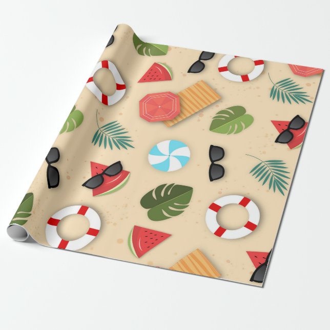 Roligt Illustrative Summer Beach Födelsedagsfest K Presentpapper (Utrullad)