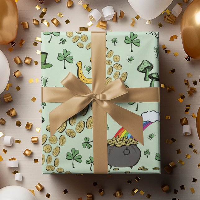 Roligt Irish St patricks day Leprechaun Shamrock T Presentpapper (Elegant yet whimsical St Patricks Day Theme. Pots of gold, rainbows, shamrock coins, Irish Blessings)