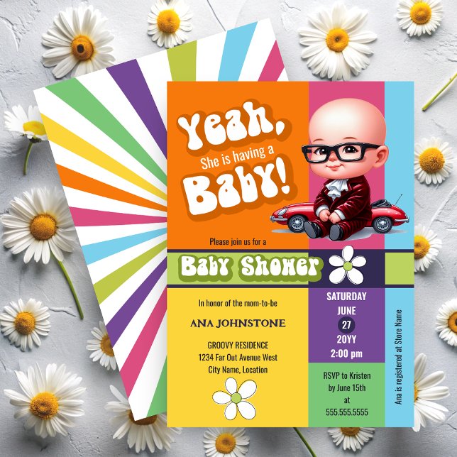 Roligt Ja Baby Retro Babyfest Inbjudningar (Yeah, she is having a Baby fun, retro invitation front and back view.)