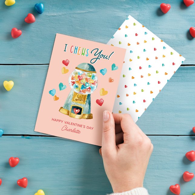 Roligt Jag tuggar dig hjärtgum Boll Maskin Alla hj Julkort (Fun I Chews You Heart Gum Ball Machine Valentine's Holiday Card)