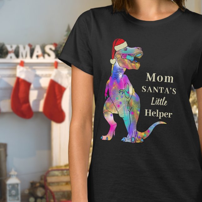Roligt jul-dinosaurie-mamma-citat t shirt (Funny mom Santas little helper dinosaur quote Christmas t-shirt Colorful T-Rex wearing a Santa hat )