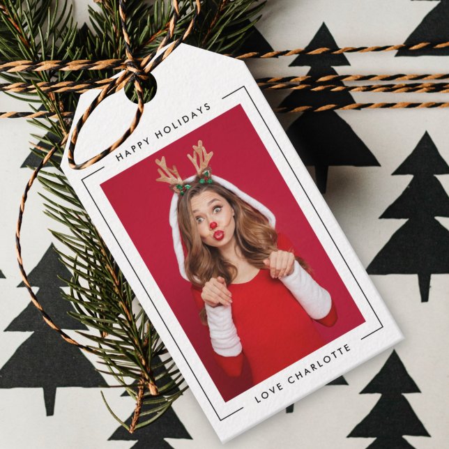Roligt jul | Modern cute-foto med Gräns-lek Presentetikett (Stylish minimalist photo tags for personalised holiday gifting with playful festive charm)