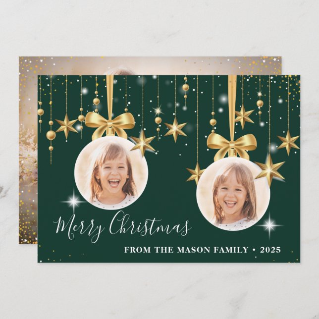 Roligt Jul Ornament Photo Grönt Guld Julkort (Fram/baksida)