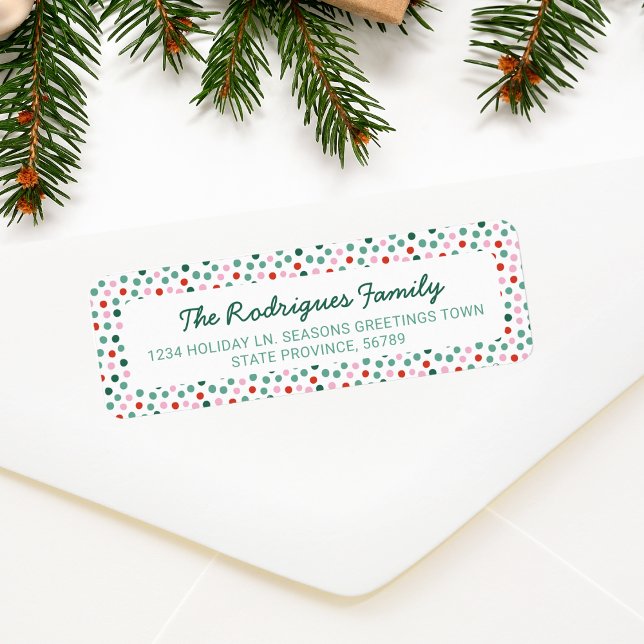 Roligt jul-Polka dots-returadressetikett Returadress Etikett (Christmas polka dots confetti pattern in pink red and green color)