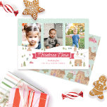 Roligt Julbesättning tre Photo Gingertea Town Julkort<br><div class="desc">Önska din familj och dina vänner söt önskemål med vår roligt och vår helgdag som gingerbrödande julgrädda med tre helgdag. Vår design har vår egen handmålade vattenfärgade roligt som gingerbrödande stadsmiljö och landskap. Varje liten detalj fångas upp på den här lilla grannscenen. Fjäderbröd som är förstört i dekorationer för giftigt...</div>
