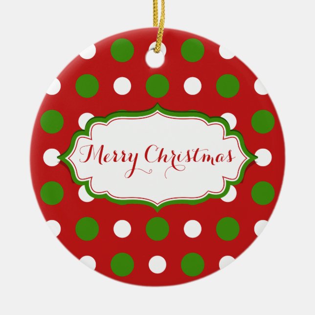 Roligt Julens grönt och vit Polka dots på rött Julgransprydnad Keramik (Framsidan)