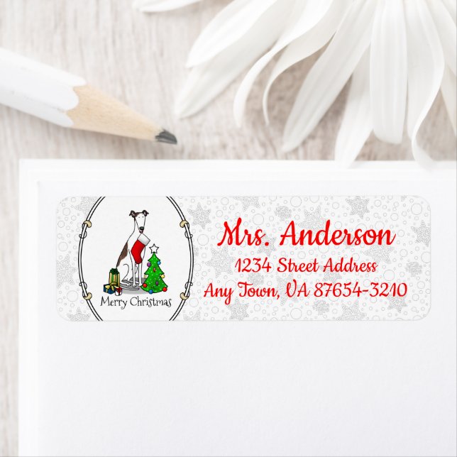 Roligt Julgran 2 Greyhound Hund (brindle white) Returadress Etikett (Insitu)