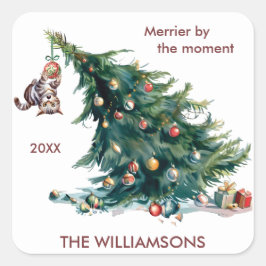 Roligt Julgran Dangling Cat Photo Fyrkantigt Klistermärke