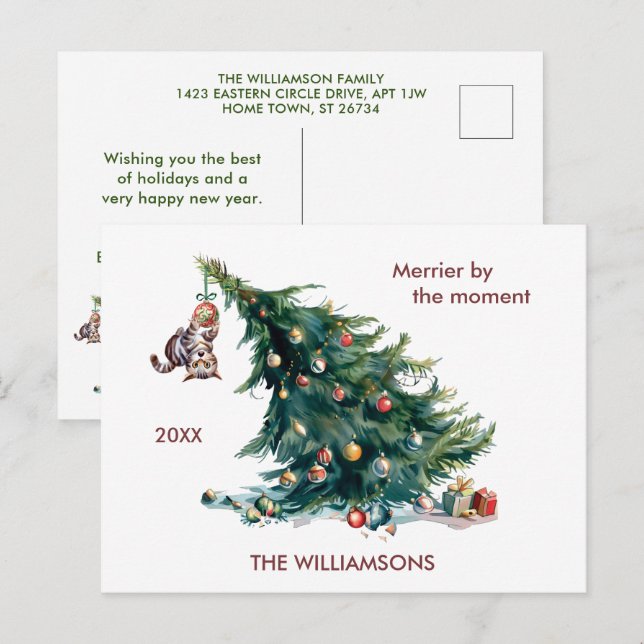 Roligt Julgran Dangling Cat Photo Helg Vykort (Fram/baksida)