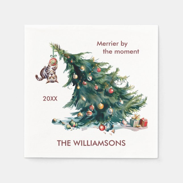 Roligt Julgran Dangling Cat Photo Pappersservett (Framsidan)