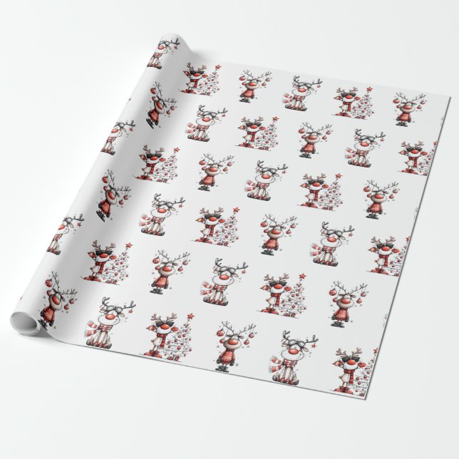 Roligt julpapper med renar – Åh Älg! (Utrullad)