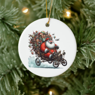 Roligt Jultomten i en gammal Go Kart-anpassad Julgransprydnad Keramik