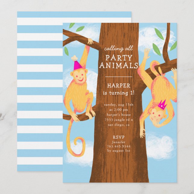 Roligt Jungle Monkeys Födelsedagsfest Inbjudningar (Fram/baksida)