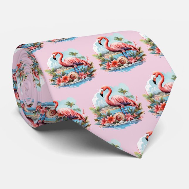 Roligt kaklat rosa flamingomönster  slips (Rullad)