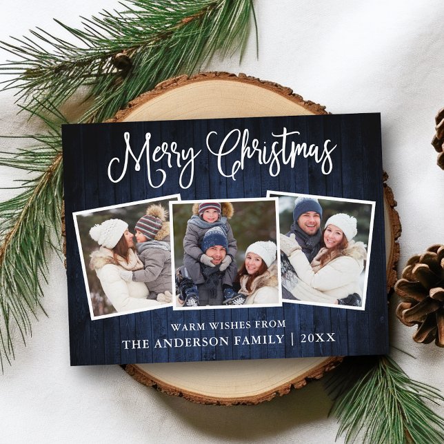 Roligt Kalligrafi jul Blue Wood 3 Foton Post Vykort (Customize to change your personalized text size or text style.)