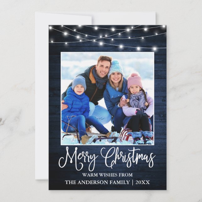 Roligt Kalligrafi jul Blue Wood Ljus Photo Julkort (Framsida)