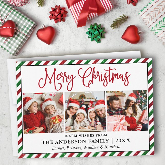 Roligt Kalligrafi jul Glitter Rand 3 Foto Julkort (Customize to change your personalized text size or text style.)