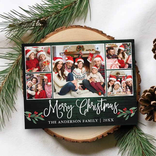 Roligt Kalligrafi Jul Grönt Wood Holly 5 Photo Vykort (Customize to change your personalized text size or text style.)