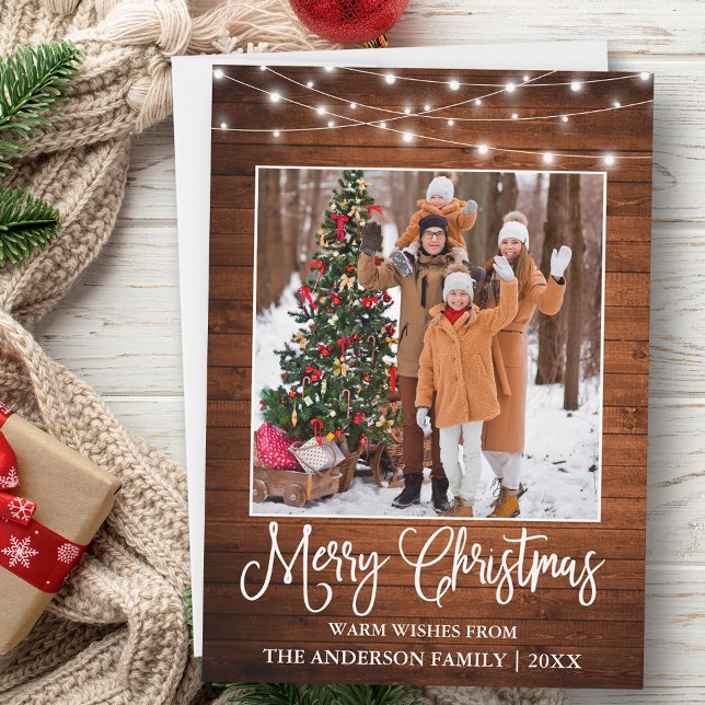 Roligt Kalligrafi jul Wood Ljus Photo Julkort (Customize to add text to back of card.)