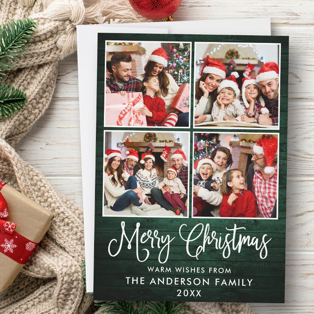 Roligt Kalligrafi Juli Grönt Wood 4 Foton Julkort (Customize to add text to back of card.)