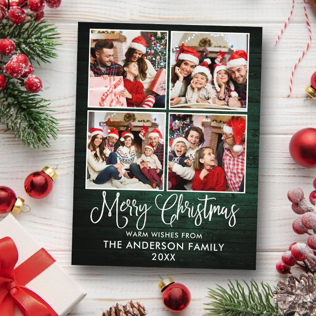 Roligt Kalligrafi Juli Grönt Wood 4 Photo Vykort (Customize to change your personalized text size or text style.)