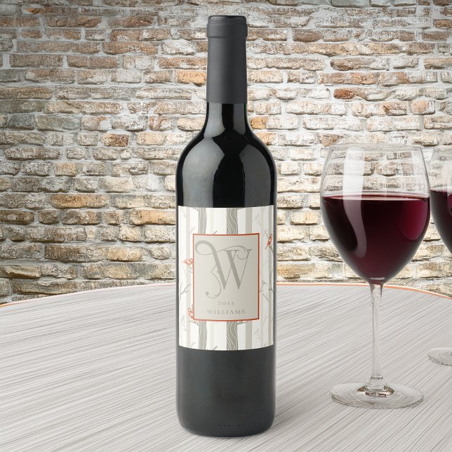 Roligt kardinaler i Birch Träd Monogram W Vin Vinetikett (CELEBRATE WITH PERSONALIZED WINE LABELS)
