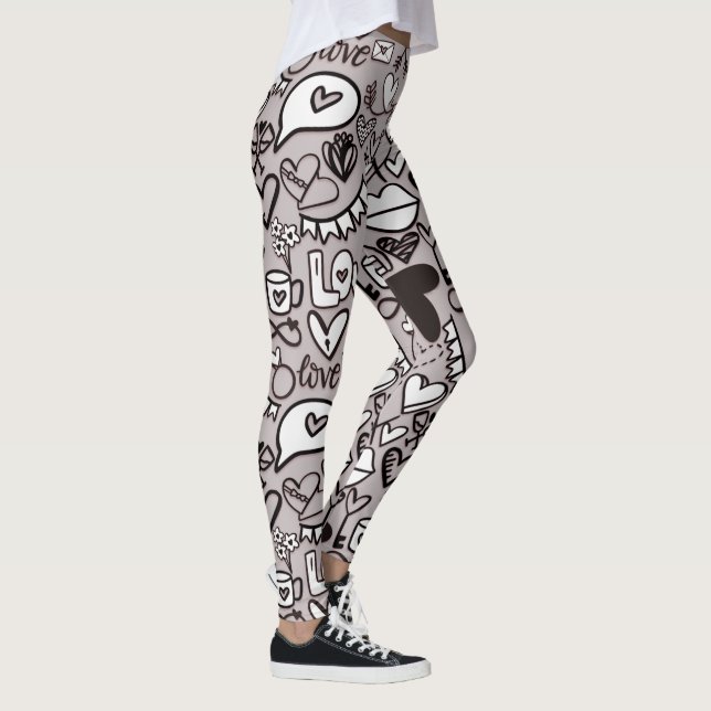 Roligt Kärlek Hearts Läppar Doodle Tecknad Stil tr Leggings (Höger)