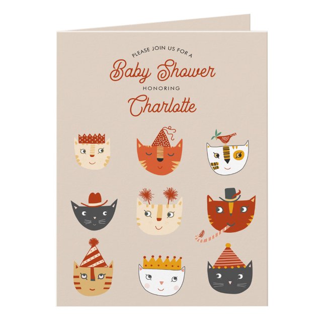 Roligt Kat Kön Neutral babystötare Inbjudan (Personalized cute kitty cat themed gender neutral folded baby shower invitation)