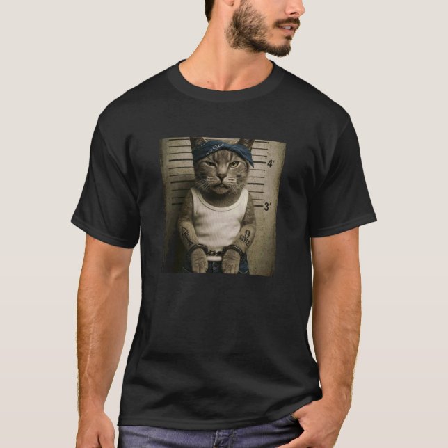 Roligt Katt Mugshot Meme T Shirt (Framsida)