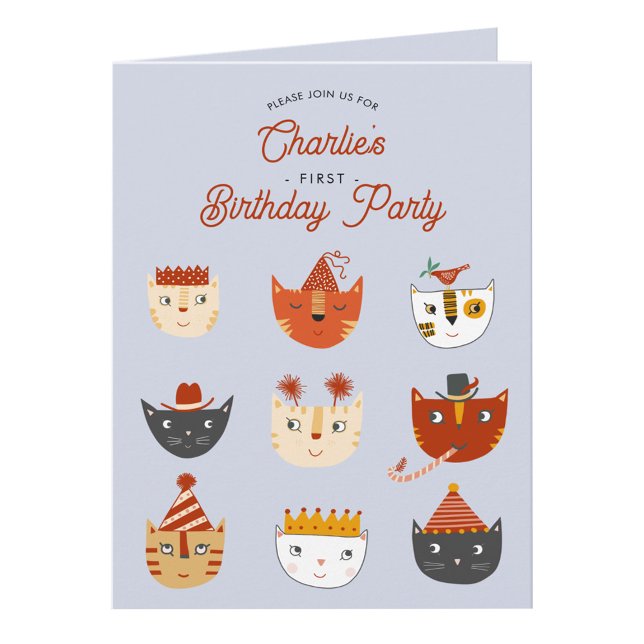 Roligt Katt Personlig 1:a födelsedagsinbjudan Inbjudan (Fun kitty cat first birthday party invitation with custom text)