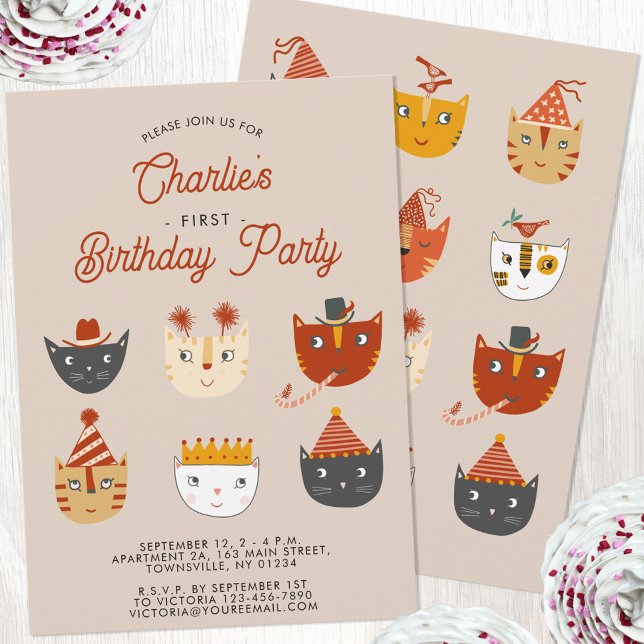 Roligt Katt Personlig 1:a födelsedagsinbjudan Inbjudningar (Personalized cute kitty cat first birthday party invitation)