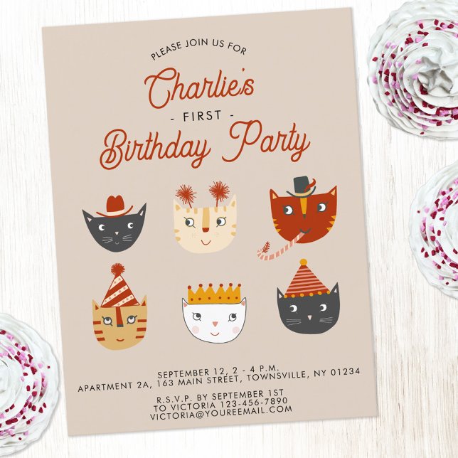 Roligt Katt Personlig 1:a födelsedagsinbjudan Vykort (Fun kitty cat first birthday party invitation postcard for animal lovers)