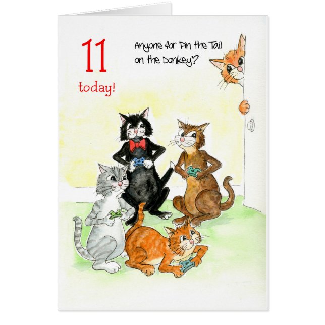 Roligt Katter som spelar upp videospel 11:e födels Hälsningskort (Framsidan)