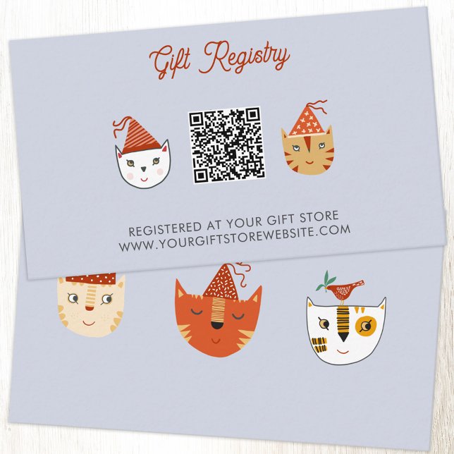 Roligt Kattunge Baby Shower Gift Registry QR-kod Tilläggskort (Fun party cat baby shower gift registry website and QR code enclosure card)