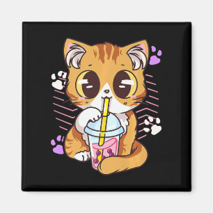 Roligt Kawaii Cute Cat Boba Bubble Mjölk Tea Anime Magnet
