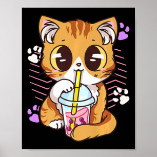 Roligt Kawaii Cute Cat Boba Bubble Mjölk Tea Anime Poster