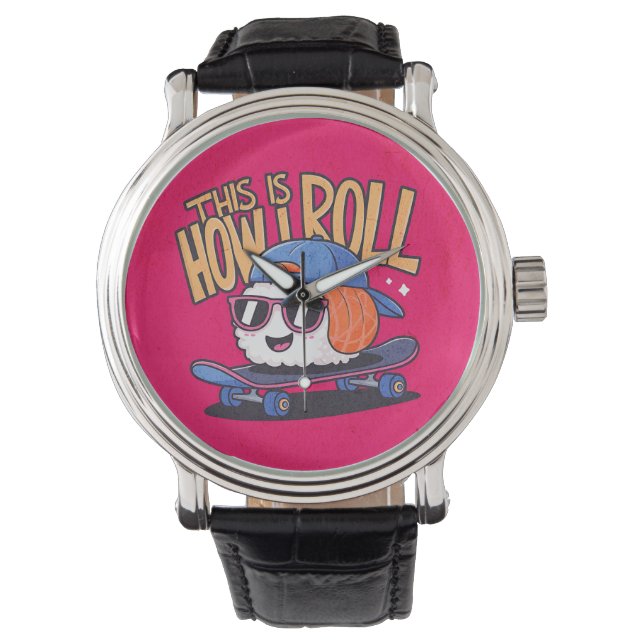 Roligt Kawaii Sushi på skateboard Armbandsur (Framsida)